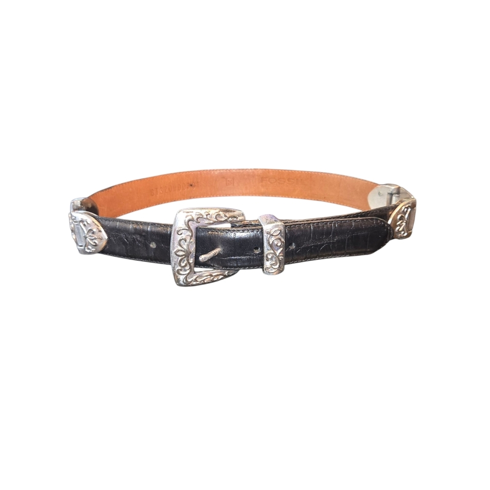 Fossil Black Croc Embossed Leather & Distressed‎ Silver Tone Metal Belt Size S